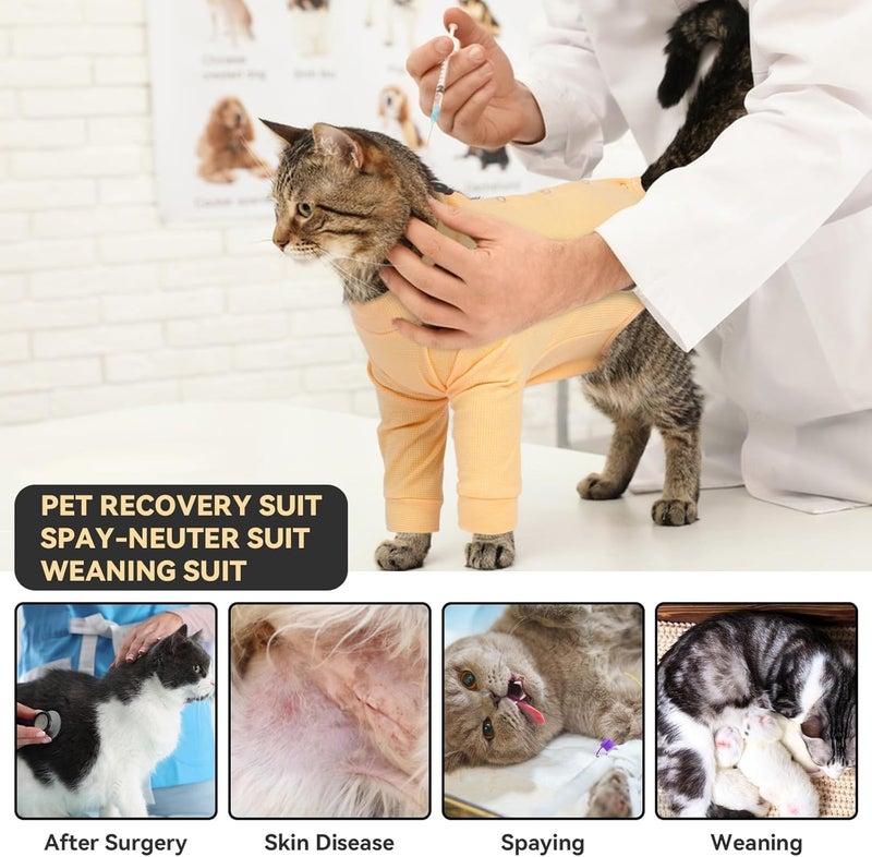 T'CHAQUE Cat Surgery Recovery Suit, Anti-Licking Onesie for Post-Spay/Neuter Abdominal Wound, Cat Recovery Suit with Adjustable Drawstring Collar - Long Sleeve Kitten Surgical Onesie, Orange, S - Image 3